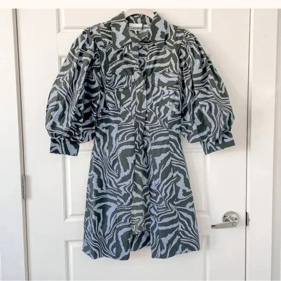 Ganni Blue Black Zebra Animal Print Puff Sleeve Mini Dress Size Small - Picture 10 of 11